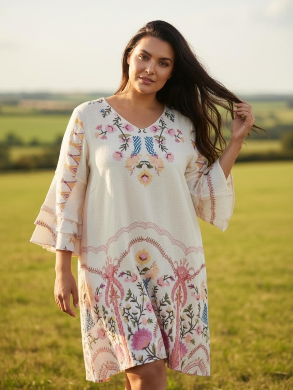 Not Women's Plus 2X Cream Floral Embroidered Boho Dress Cover Up - Picture 1 of 6